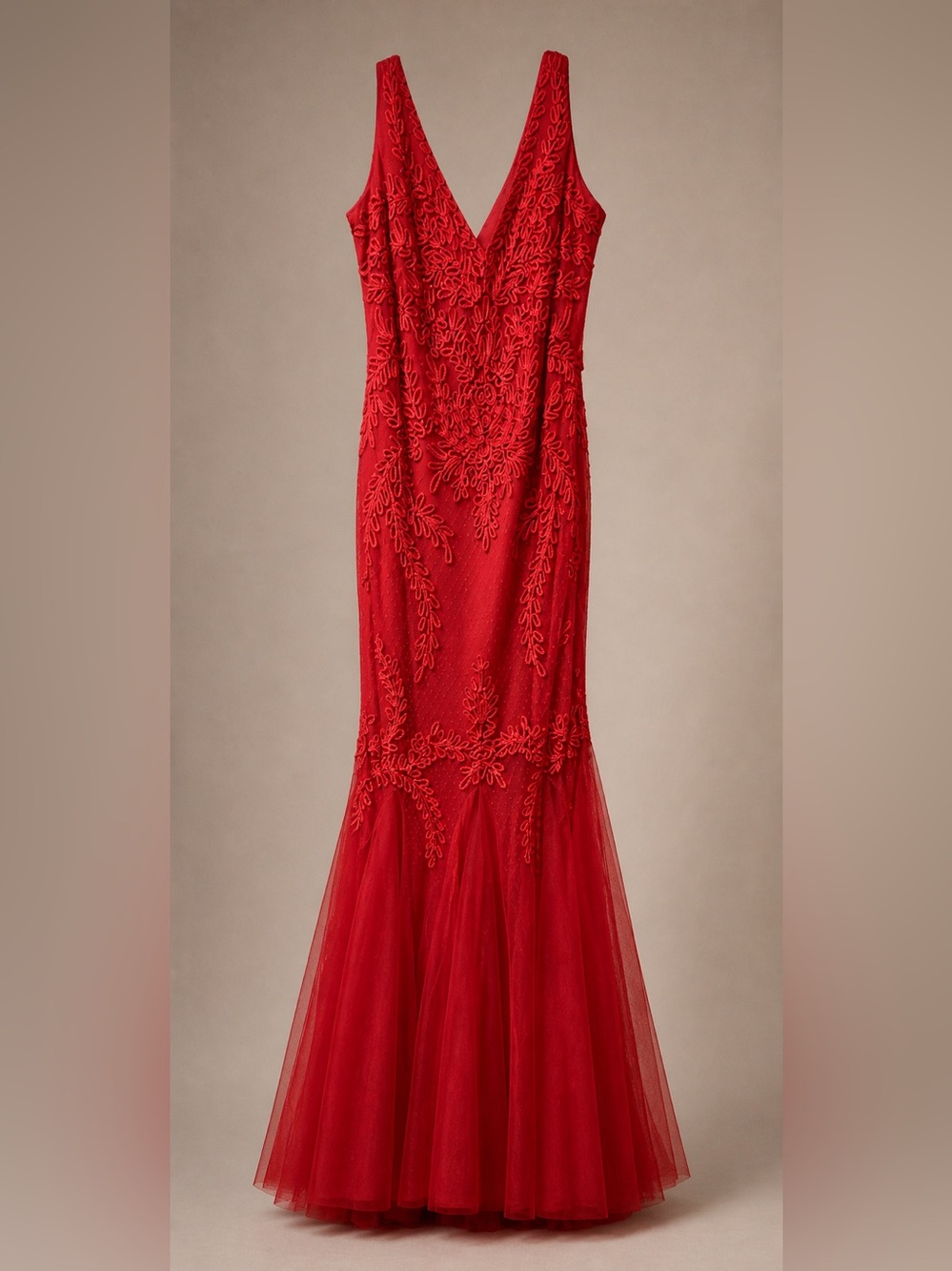 Red Embroidered Tulle Mermaid Gown
